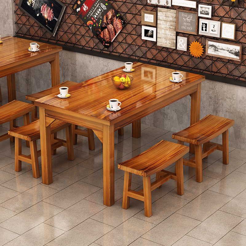 碳化纯实木饭店桌椅组合面馆商用烧烤餐厅餐饮饭桌排挡快餐店桌椅