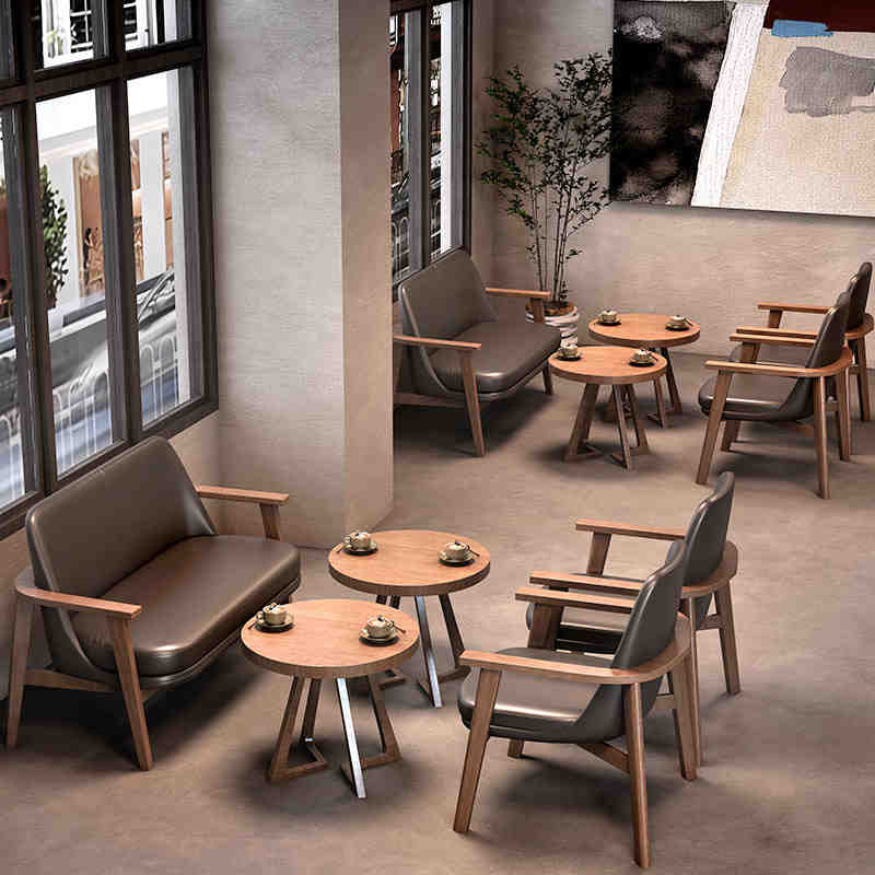 实木餐饮书吧奶茶店商用咖啡厅桌椅沙发组合休闲区侘寂风桌子椅子