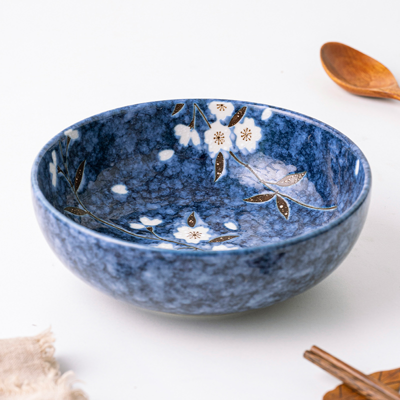 小鹿田烧日本进口蓝樱花碗盘碟日式米饭碗拉面碗和风家用陶瓷餐具