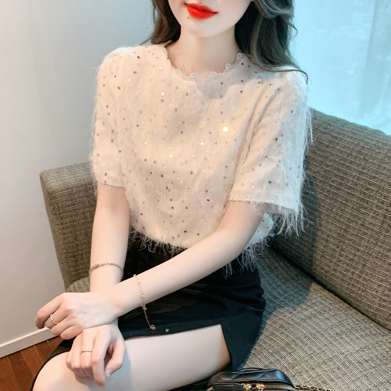 现货实拍韩版短袖2023夏季新款设计感很仙的亮片泡泡袖上衣蕾丝衫
