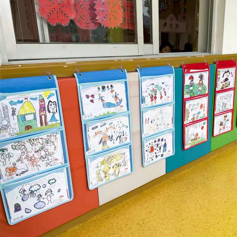 A4透明画袋儿童绘本图书收纳袋挂墙书袋幼儿园作品展示袋美术挂袋