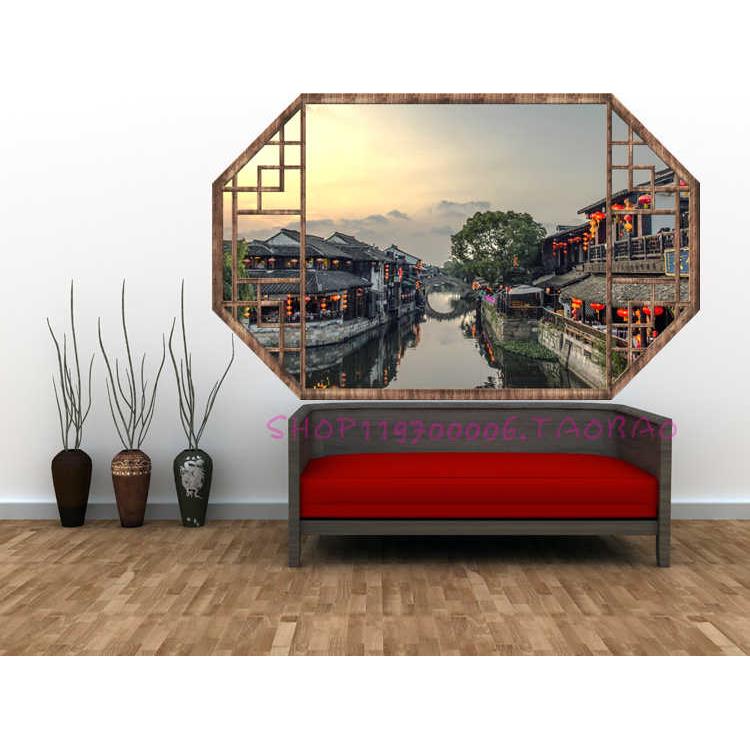 3D立体中国风古典假窗户墙贴画复古老城风景中式假窗客厅装饰贴画