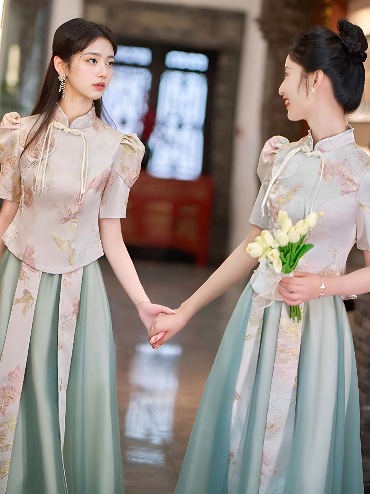 伴娘服中式中国风秀禾2024春秋新款姐妹团绿色森系高级感气质礼裙