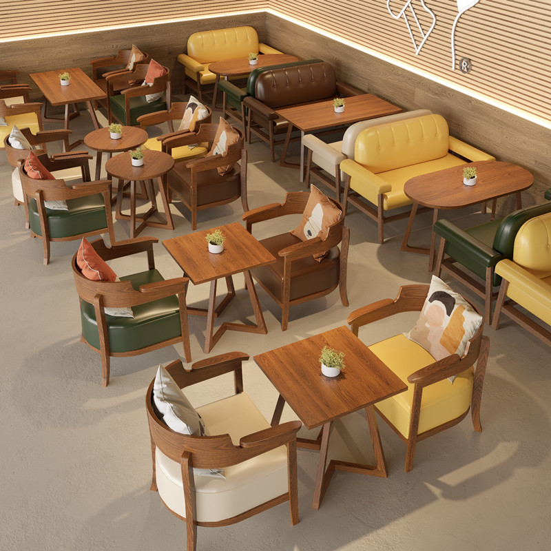 咖啡厅桌椅北欧实木双人卡座奶茶店餐饮家具接待洽U谈皮沙发椅组