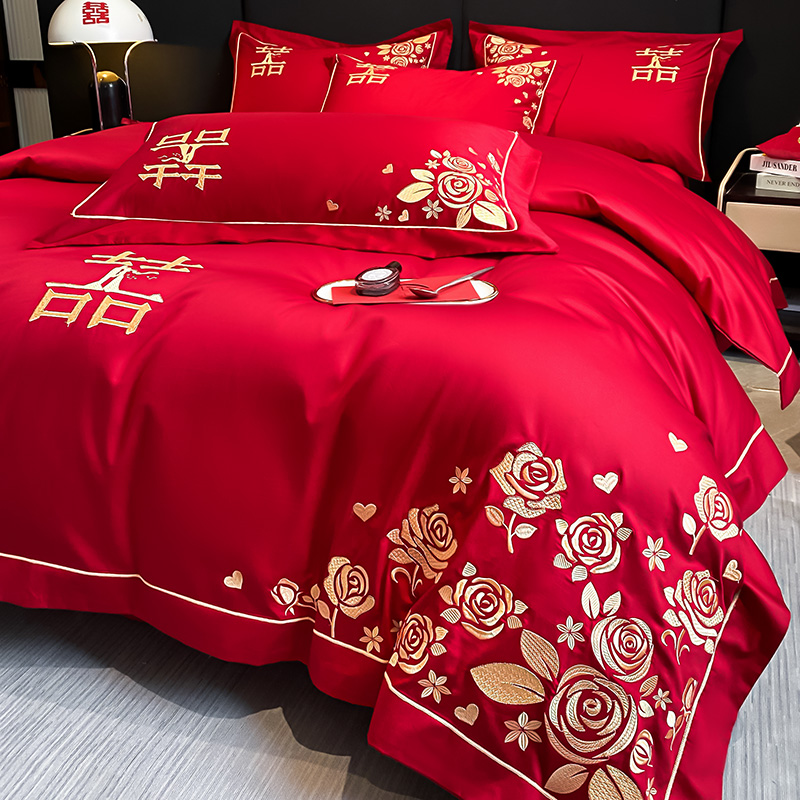 中式刺绣大红色婚庆四件套新婚喜字被套结婚床单婚嫁床上用品婚礼