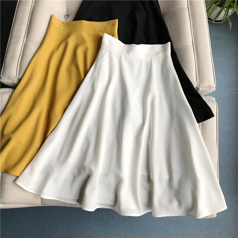 超美大裙摆 法式复古高腰伞裙a字显瘦白色半身裙黄色黑色中长款女