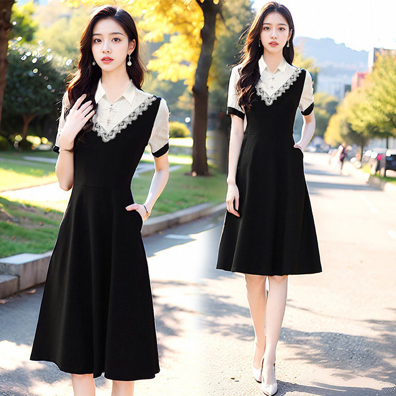 新中式连衣裙假两件夏季短袖2024新款小黑裙气质显瘦大码拼接裙子