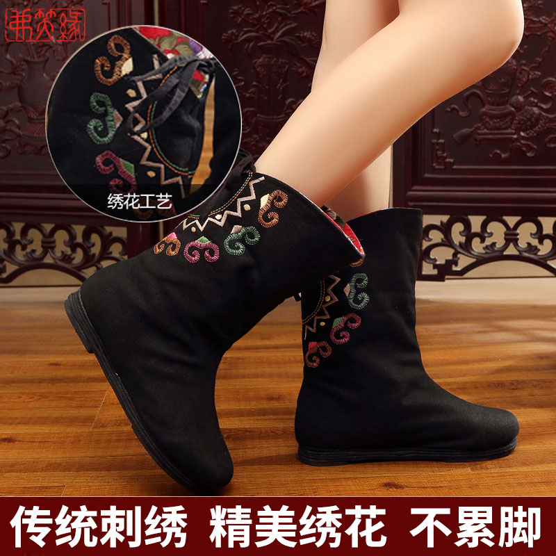 老北京布靴女春季中国风单靴平跟民族风靴子绣花鞋千层底古风布鞋