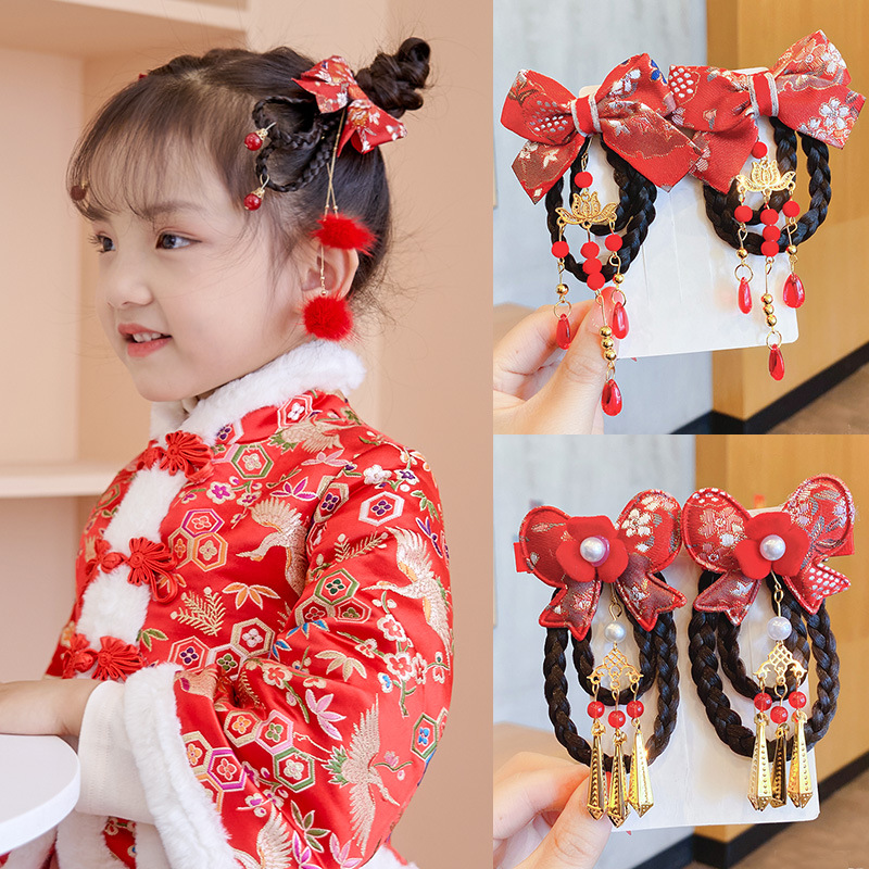 新年红色中国风假发辫子儿童古风发夹子蝴蝶结发饰汉服头饰品对夹