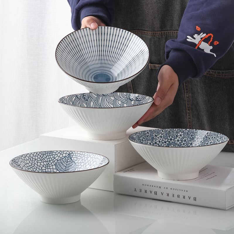 8寸斗笠碗陶瓷日式釉下彩微波炉餐具汤拉面碗家用餐厅牛肉面粉碗