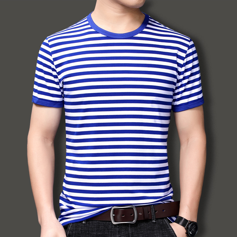 海魂衫男士短袖T恤夏季纯棉蓝白色条纹团购聚会班服体恤工作服装