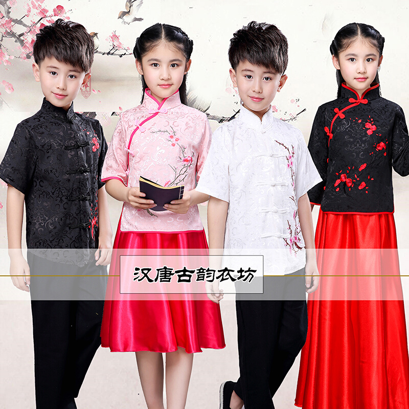 古筝毕业班儿童女中国青年表演风大合唱学生民国茶艺服唐装演出服