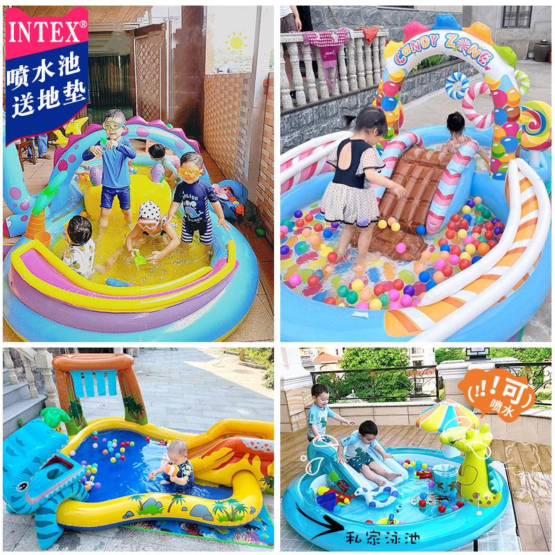 INTEX婴儿童游泳池家用大号充气戏水滑梯池室内户外海洋球喷水池
