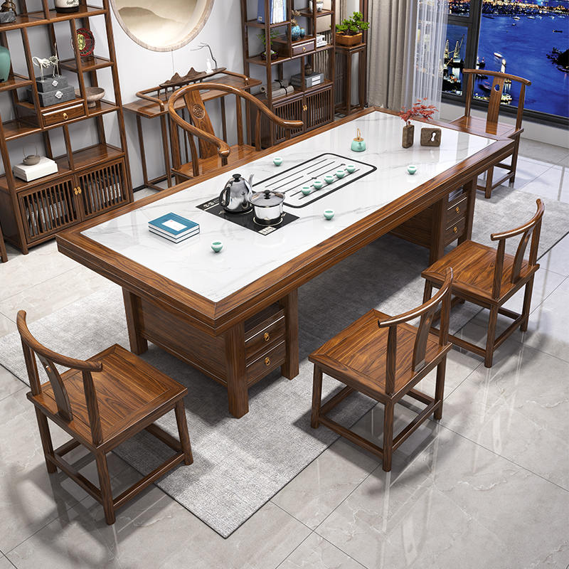 新中式实木大板茶桌椅组合一桌五椅功夫茶台办公家用一体岩板茶几