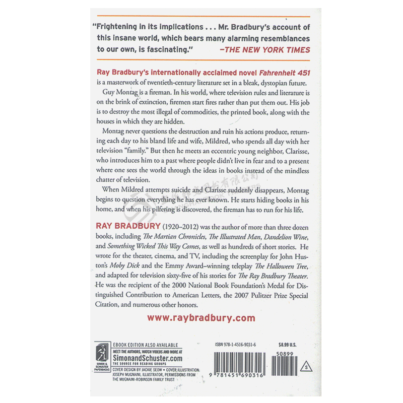 华氏451度 英文原版书 Fahrenheit 451 火星编年史作者 Ray Bradbury 雷·布拉德伯里 代表作 反乌托邦科幻小说【上海外文书店】