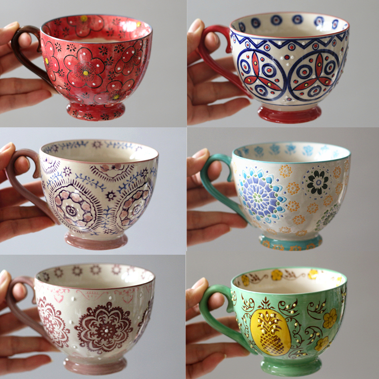 复古欧式手彩陶瓷牛奶冲泡碗杯大容量咖啡杯花果茶杯釉下彩可微波