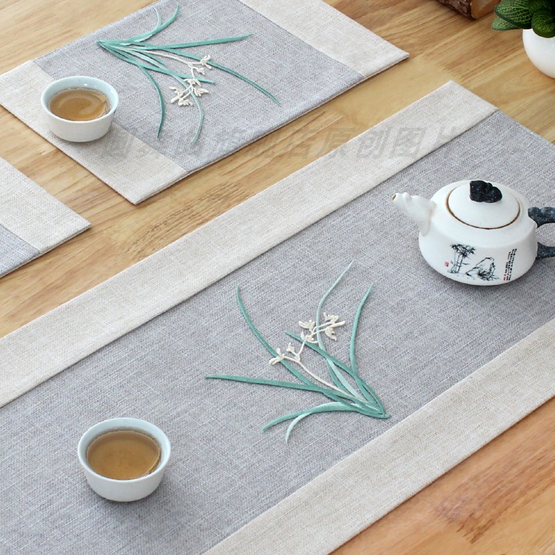 三件套防水布艺兰花茶席小尺寸垫子桌旗干泡小茶桌现代简约中国风