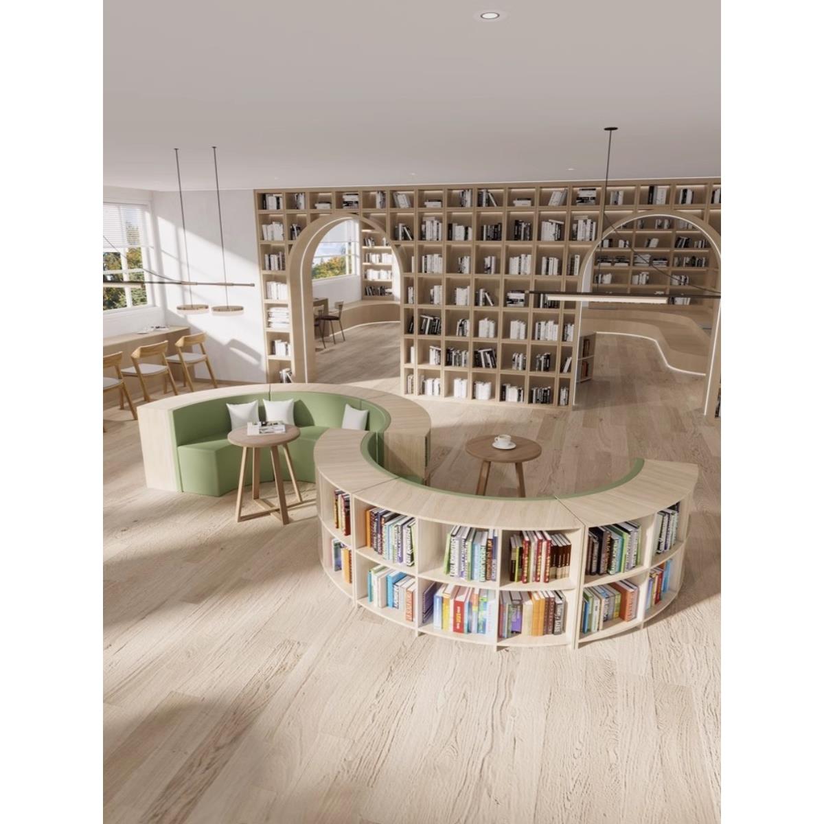 学校单位医院定制绘本馆图书馆书柜读书角休息区组合一体弧形沙发