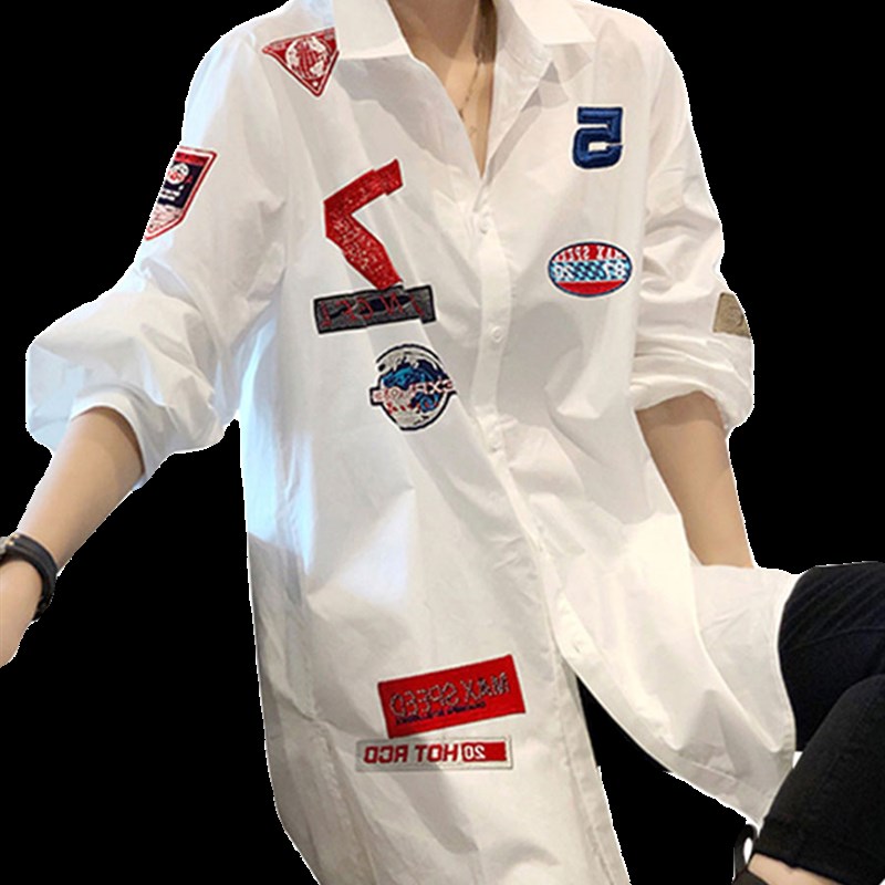 推荐香港TIMO欧货中长款白色刺绣衬衫女春秋新款外套高级感超好看