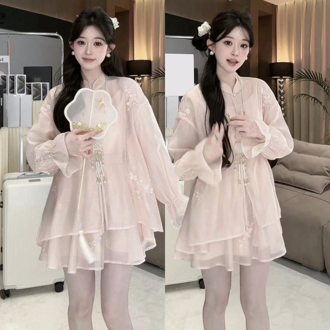 两件套新中式中国风重工刺绣喇叭袖衬衫女春夏季新款短裙三件套装