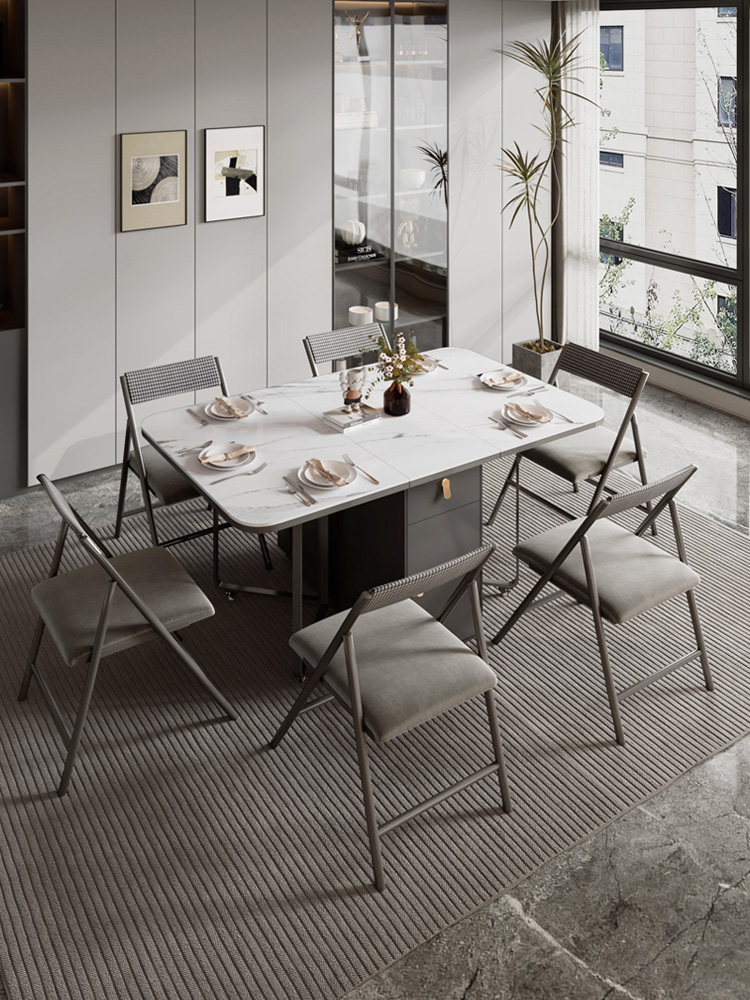 岩板折叠餐桌家用小户型可伸缩餐桌椅多功能一体餐边柜轻奢高端