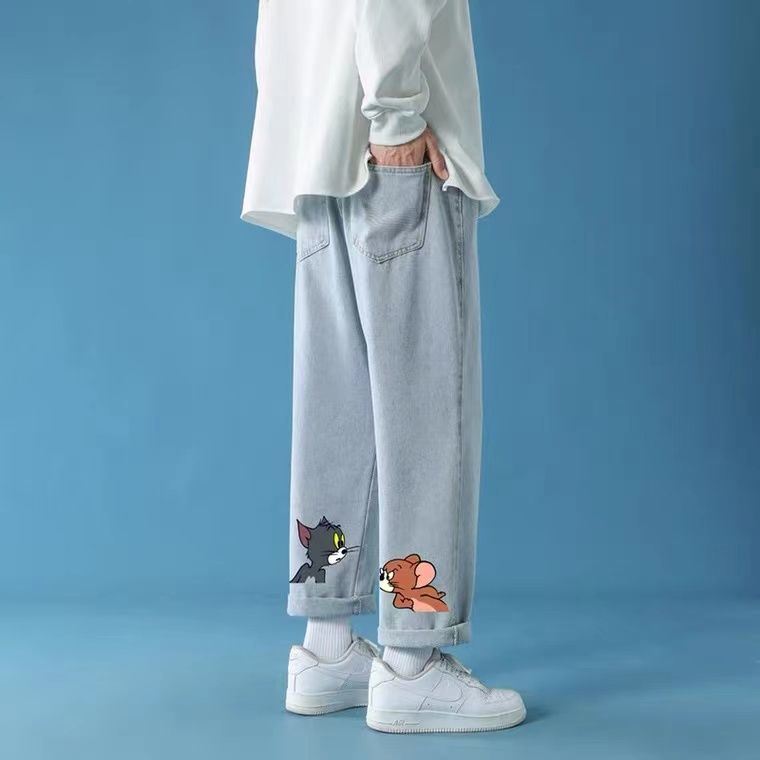 猫和老鼠牛仔裤女春秋2021年新款chic港味直筒宽松高腰阔腿裤子