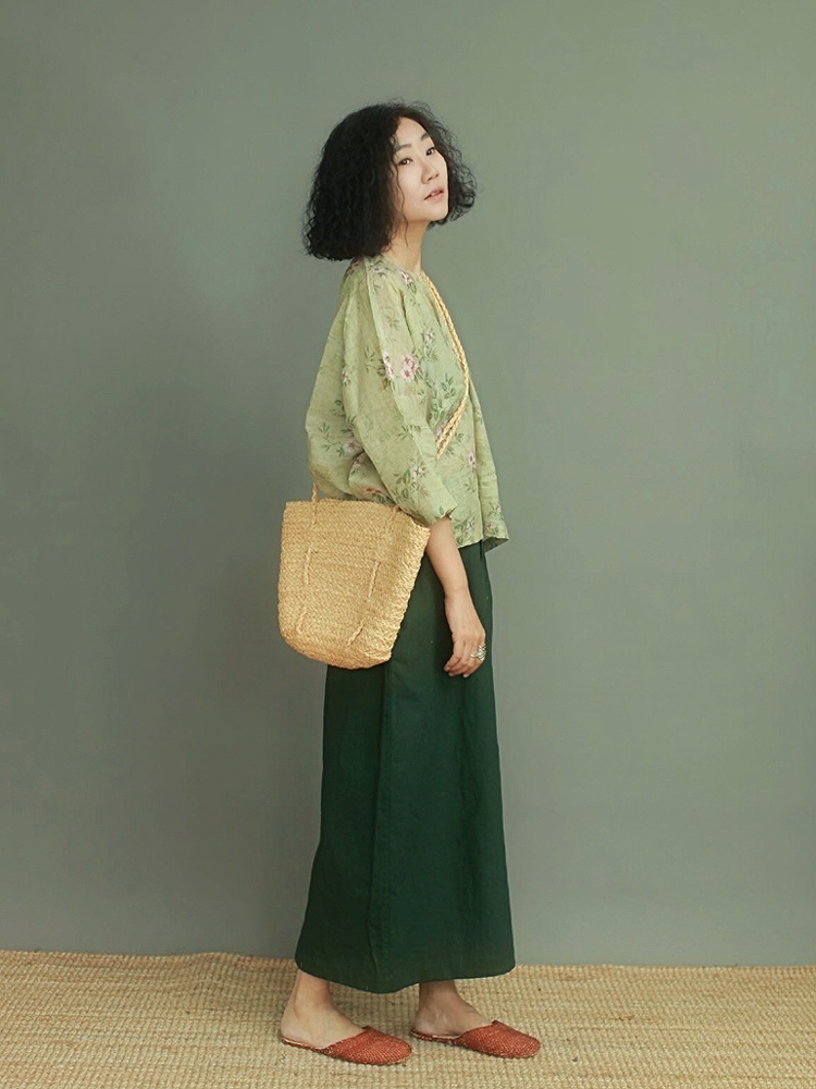 姜欢设计 四季可穿的荷叶绿色亚麻文艺复古森系风挺括感长款半裙
