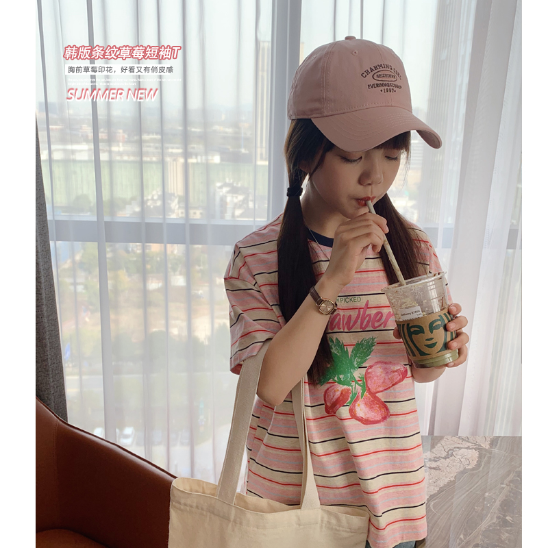 女大童草莓彩条T恤2024夏装新款青少年韩版时尚条纹短袖亲子上衣