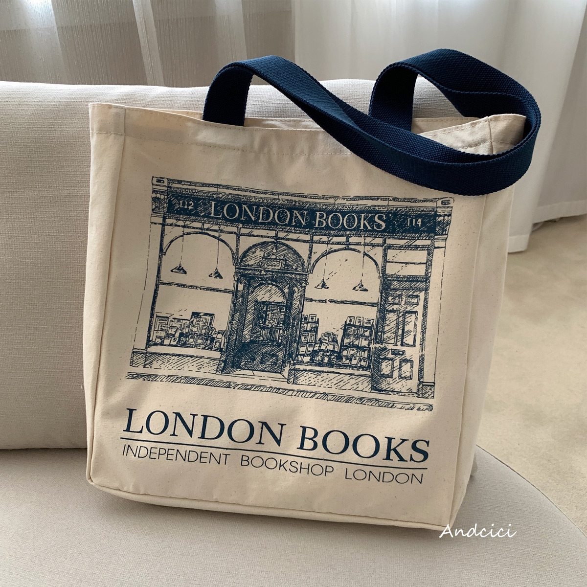 伦敦书店~复古设计感帆布包托特单肩包大容量购物袋男女学生书包