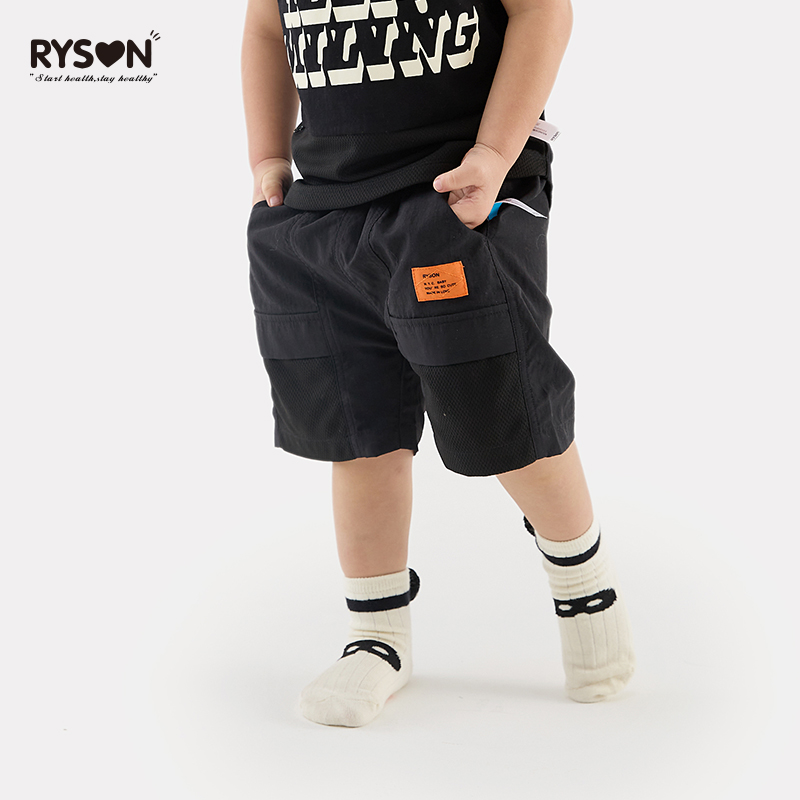 RYSON潮童装夏季INS黑色网布拼接口袋防皱五分裤凉爽户外工装短裤