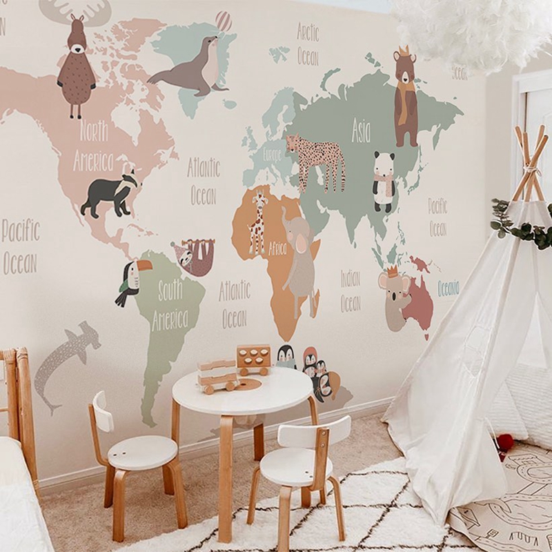 订制壁画动物世j界地图儿童房墙纸游乐园母婴店壁纸书房全屋墙布