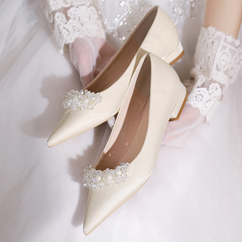婚鞋女春季法式缎面新娘鞋浅口高跟单鞋平底低跟婚纱礼服伴娘平跟