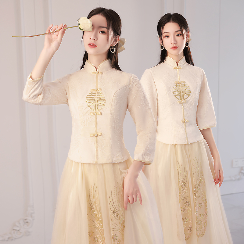 中式伴娘服2024新款中国风新娘结婚复古姐妹团礼服裙伴娘团女夏季