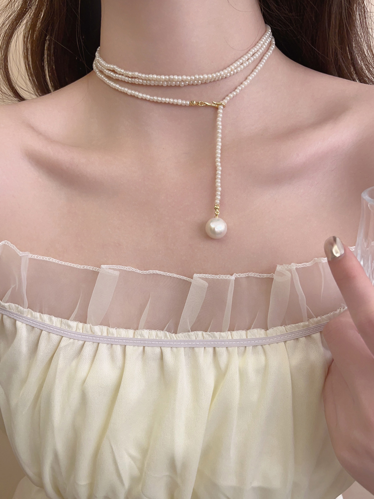 天然巴洛克珍珠吊坠小米珠项链玻璃珠长款多层韩国小众设计感轻奢