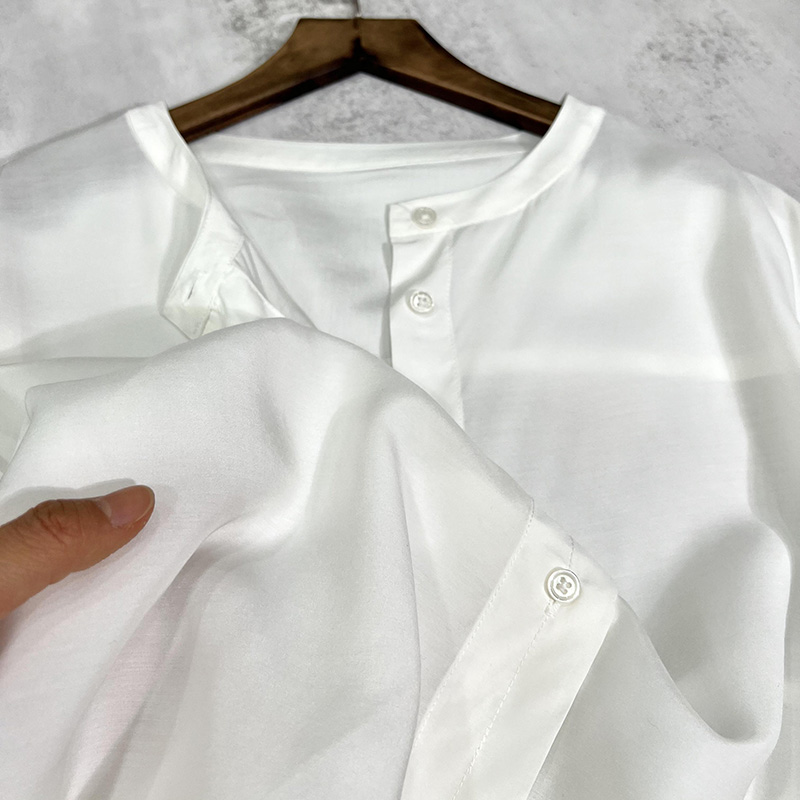 [桑蚕丝+棉][轻盈灵动感]~及简小立领七分袖宽松中长款白衬衫衬衣