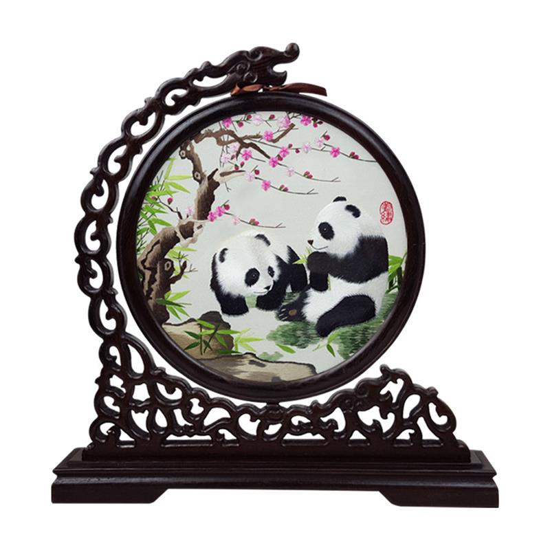 速发蜀绣熊猫双面绣屏风工艺品摆饰中国风特色出国礼品送老外刺绣
