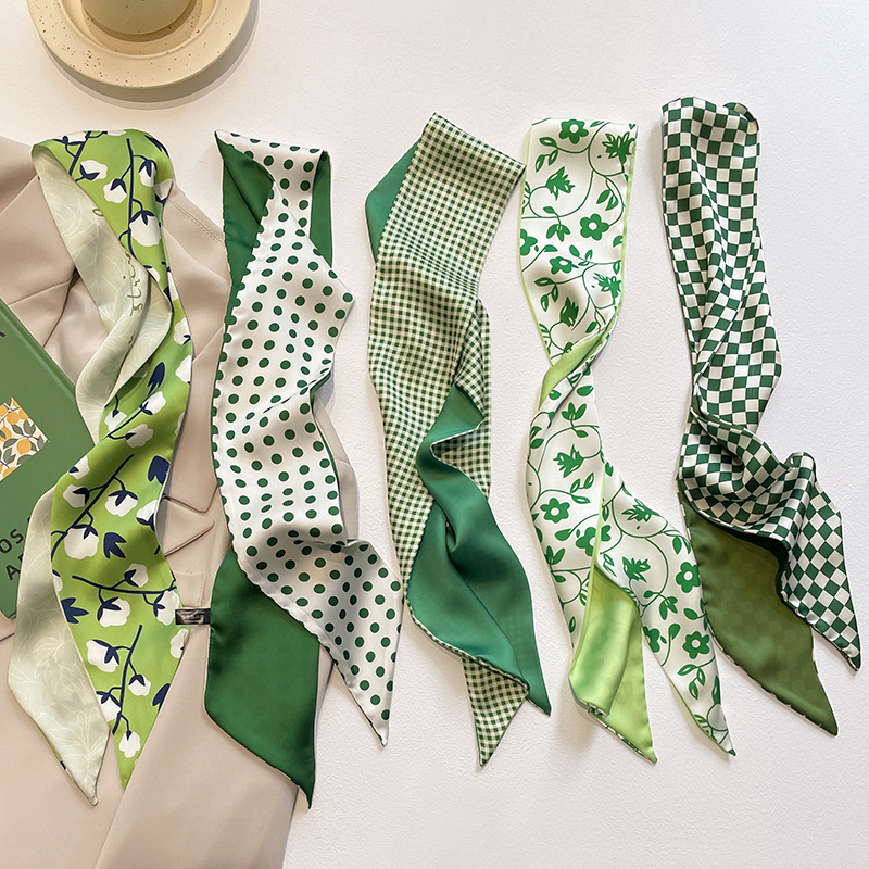 显白显嫩的绿色小丝巾女春夏细窄长条飘带发带扎发绑包包装饰领巾