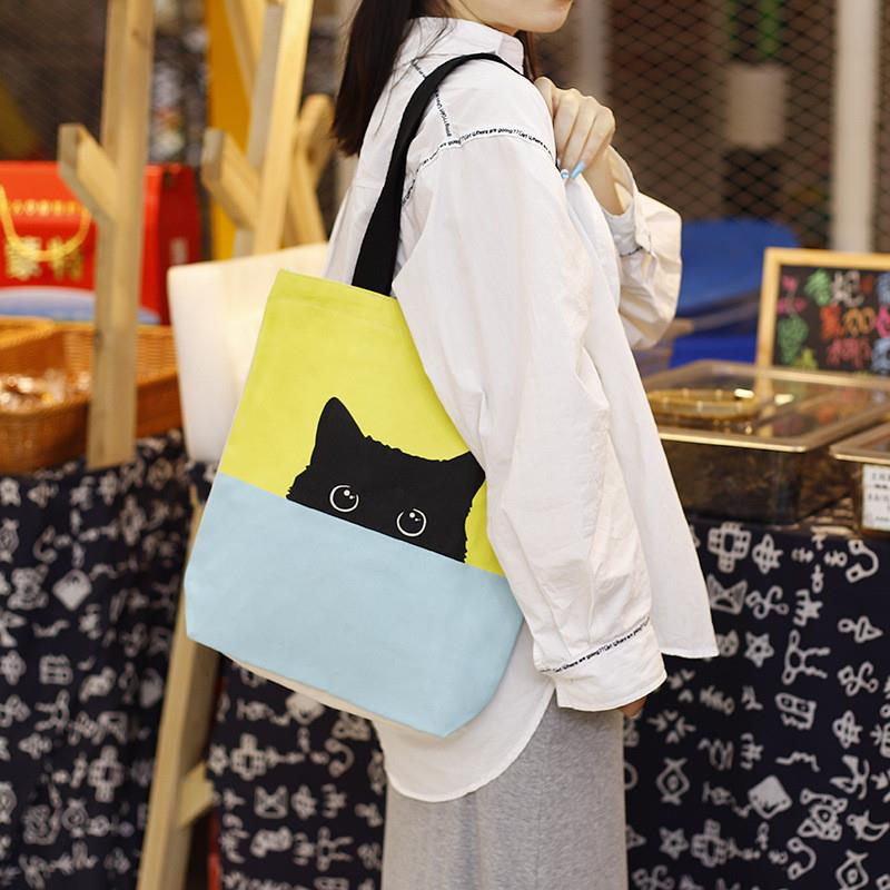 现货直供可爱卡通猫咪帆布袋单肩女帆布包购物棉布袋手提手挽包包