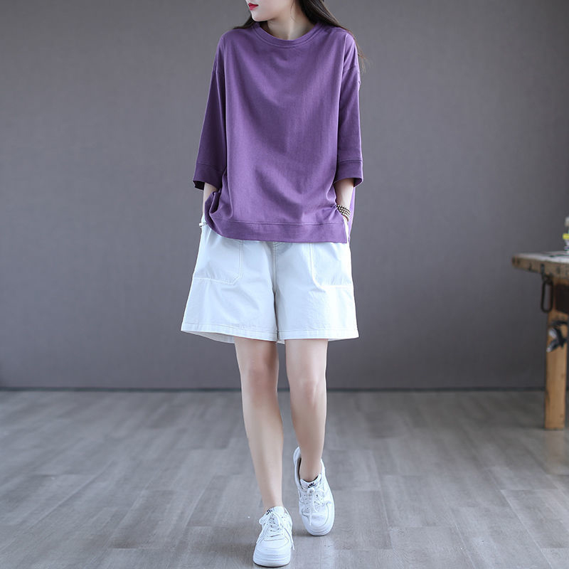 2024新款女装纯棉紫色短袖5分袖T恤时尚休闲上衣宽松百搭打底衫女