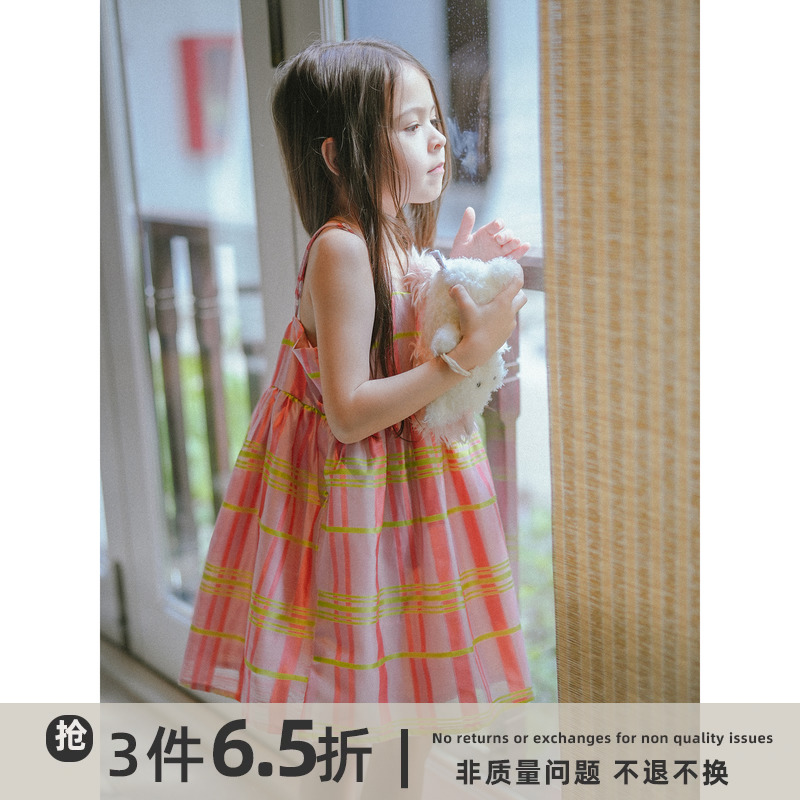 史豌豆女童格子欧根纱亲子吊带裙2023夏季新款儿童时髦洋气连衣裙