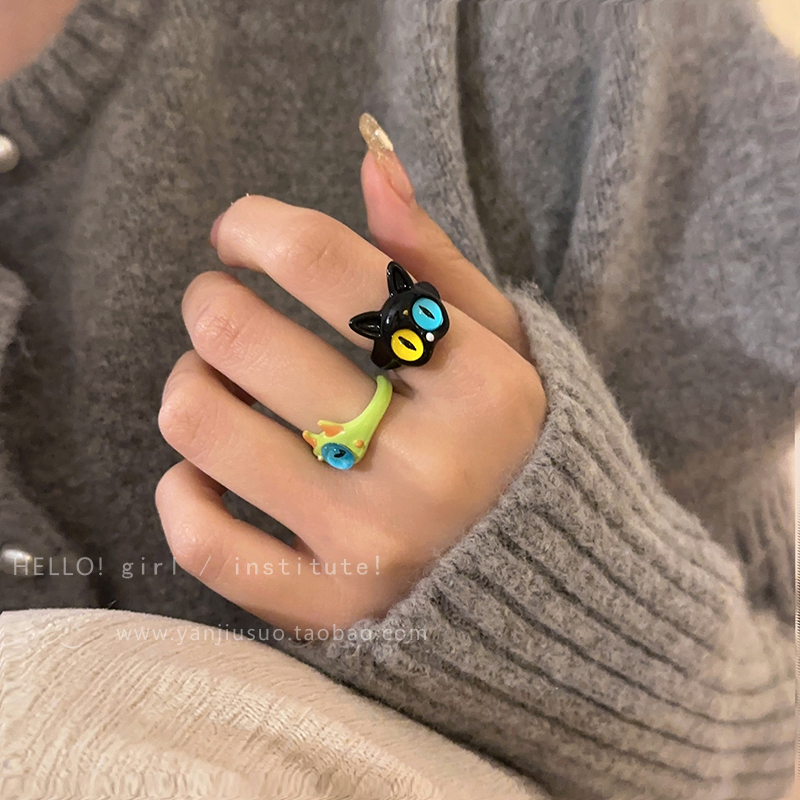 速发童趣可爱怪兽猫咪戒指女2023年新款潮时尚个性指环小众设计食