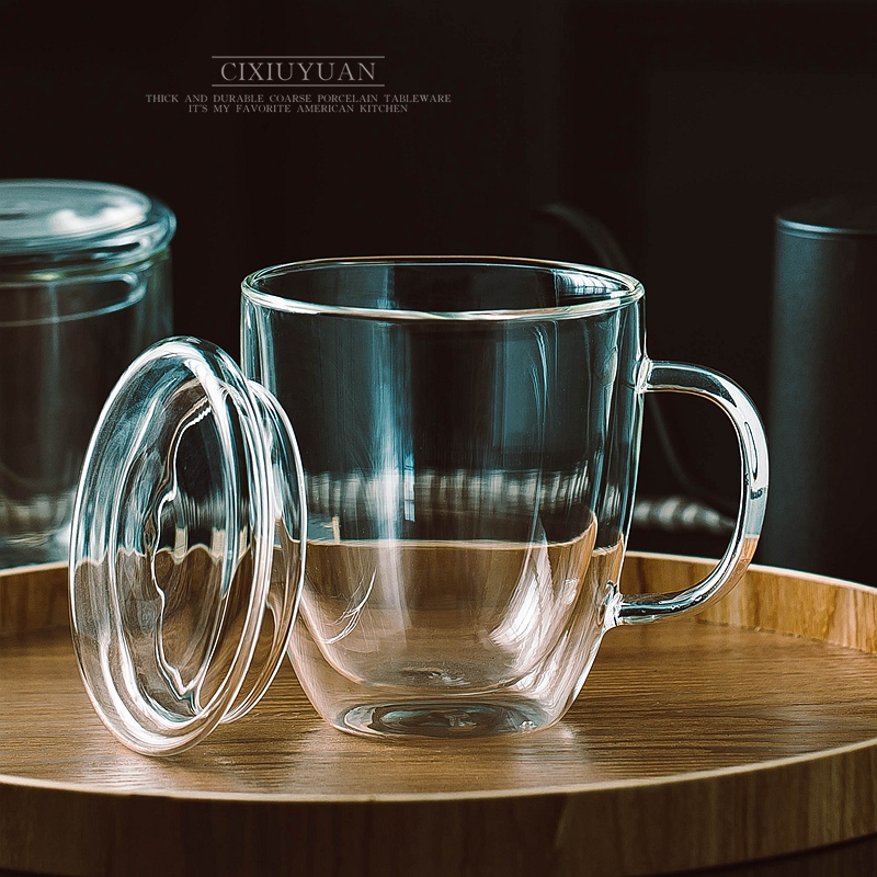 速发双层透明玻璃水杯带盖子隔热泡茶杯家用办公室创意带把咖啡杯