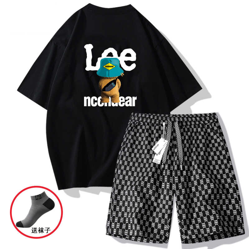 夏季短裤LEENCONBE官方短袖男士青年时尚潮牌t恤宽松运动两件套装
