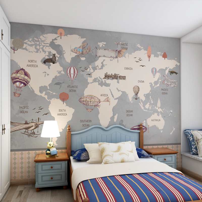 儿童房环保卡通世界地图壁画布热气球飞机墙布男女孩卧室背景墙纸