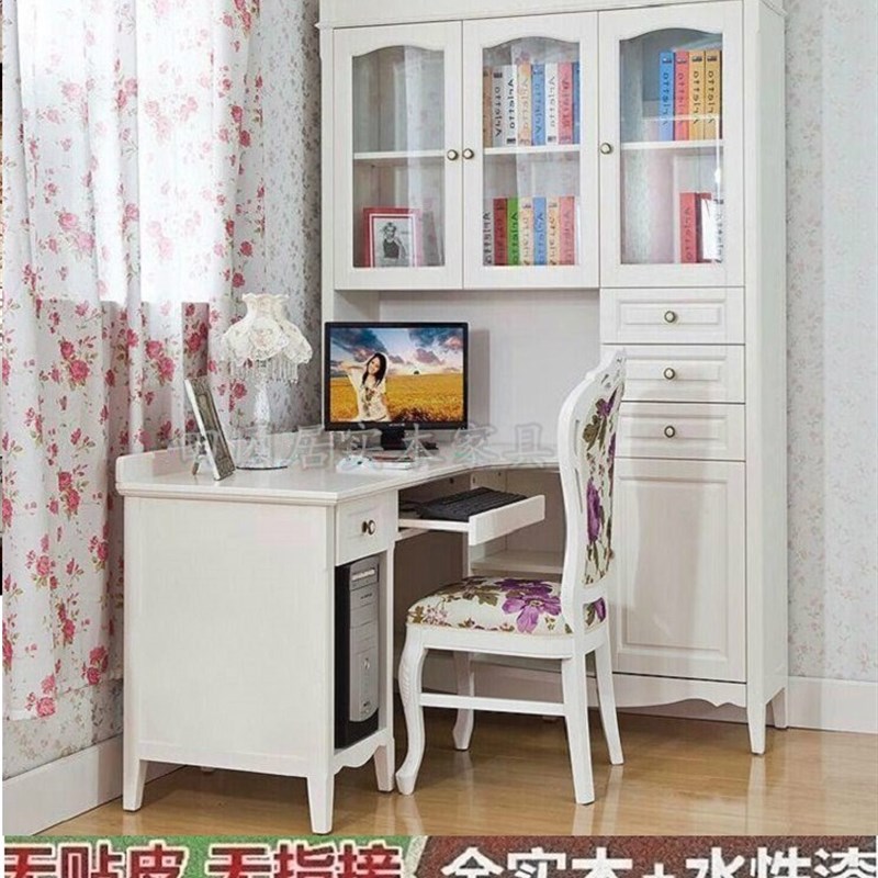 速发松木书桌全实木白色电脑桌原木转角写字桌订制韩式书桌书架办
