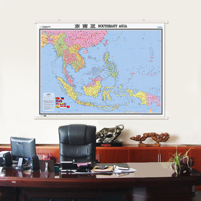 2021东南亚地图挂图 办公室会议室商务书房用 双语对照  亚膜整张 1.17米x0.86中国地图出版社 中国南海地图  越南印尼马来西亚等