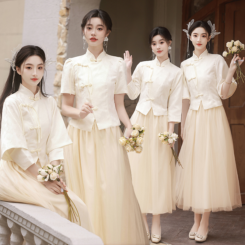 伴娘服新中式女2024复古中国风香槟色姐妹礼服表演裙日常可穿夏季