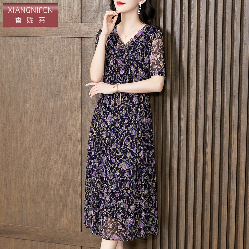 香妮芬紫色端庄气质中年妈妈裙2024新款夏装高端台湾纱网纱连衣裙