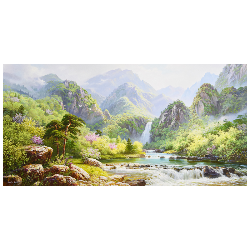 朝鲜油画手绘宽1.6米 李春植 人民艺术家《山明水秀》锦绣山we125