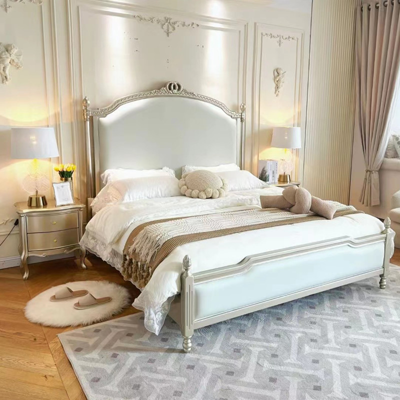 美式轻奢实木真皮床双人雕刻主卧大床香槟银色1.8米大床